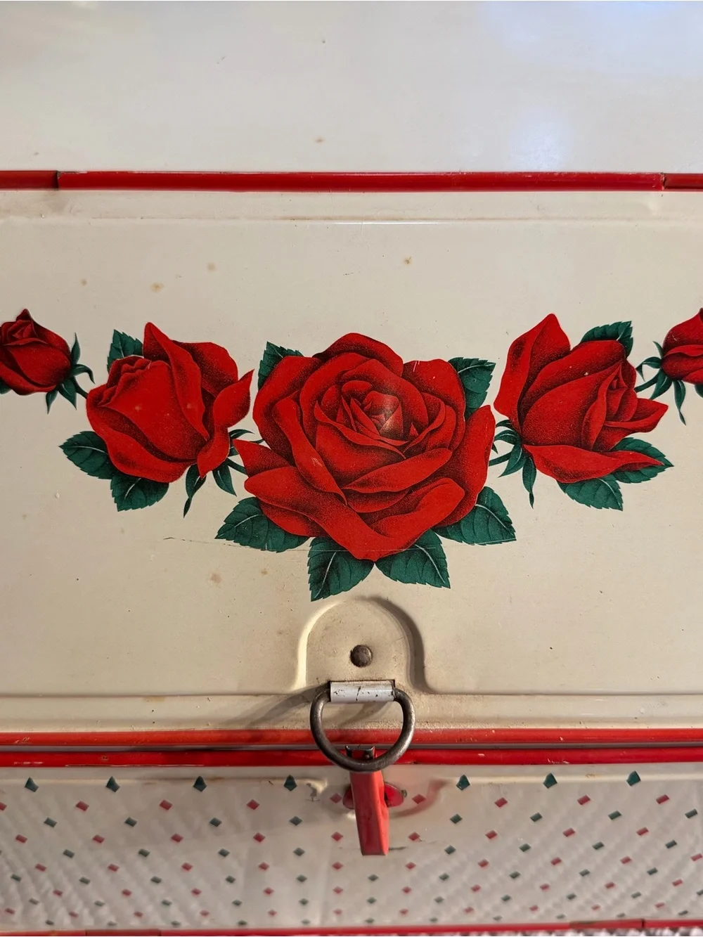 1940’s Vintage Floral Metal Bread Box/Pie Safe Red Roses Distressed Patina